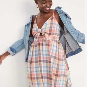 Gap Women's Fit & Flare Tie-Front Smocked Pink Blue Yellow Plaid Mini Sun Dress